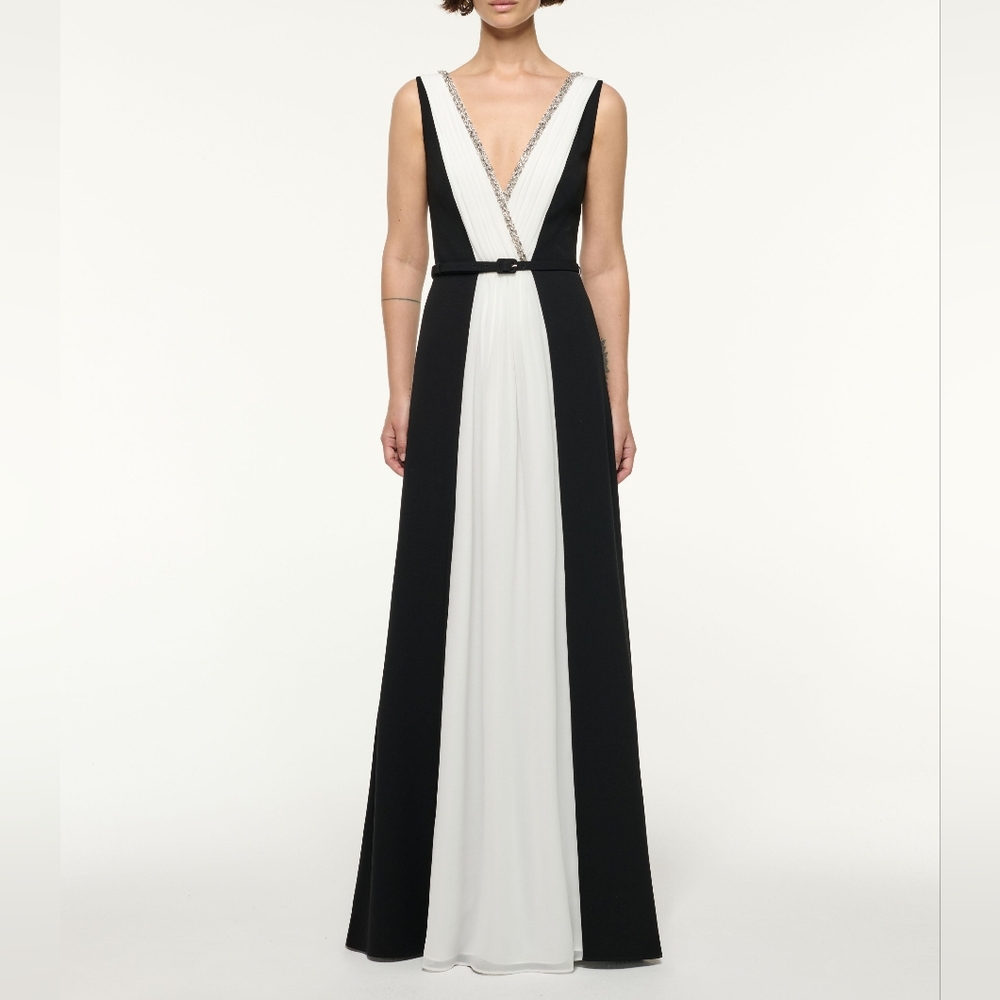Roland Mouret Crystal Neckline Monochrome Gathered Gow